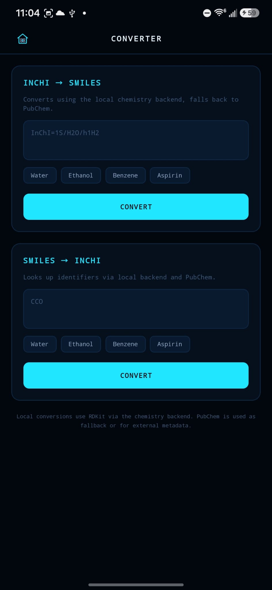 Dalton converter screen for InChI and SMILES chemistry structure codes