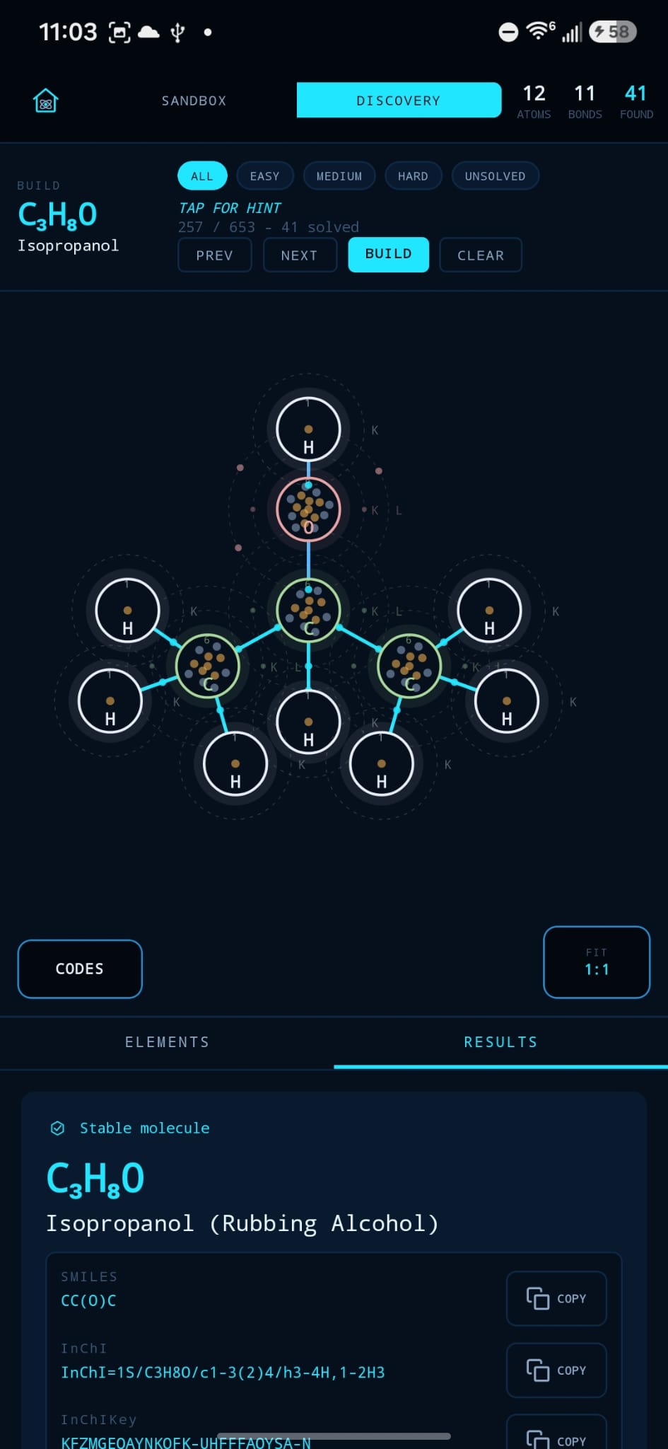 Dalton discovery mode showing an isopropanol molecule and stable molecule results