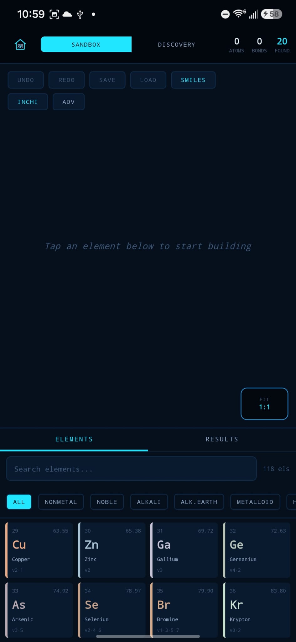 Dalton sandbox screen with element library cards