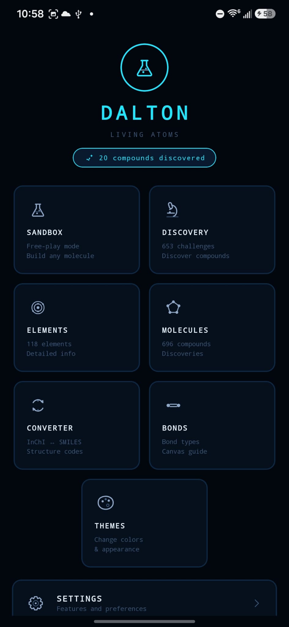 Dalton home screen with sandbox, discovery, elements, molecules, converter, and bonds options